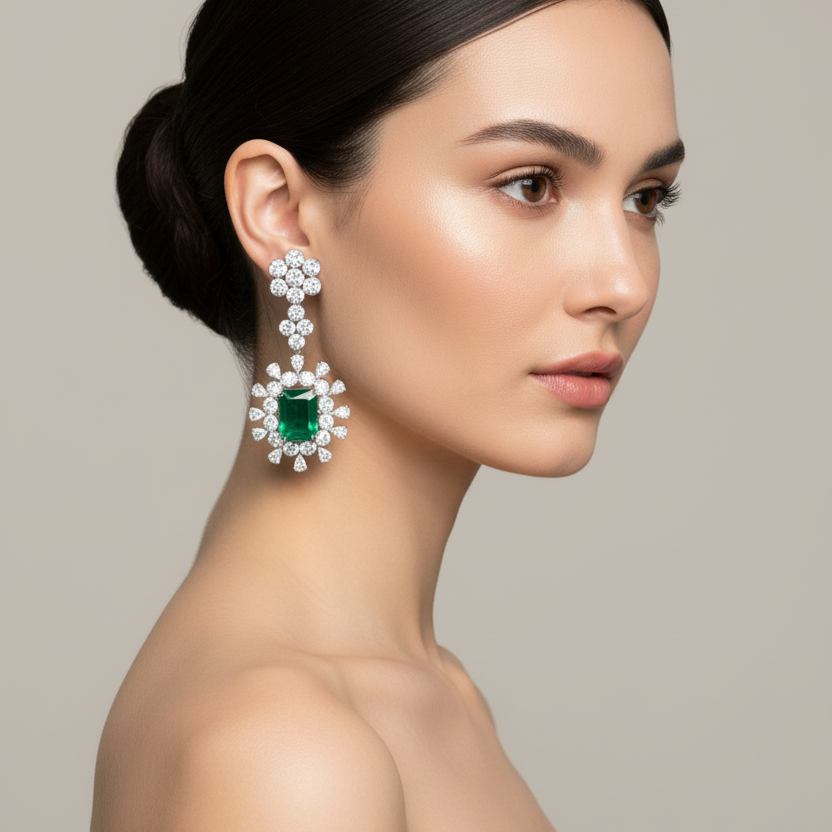 Female model wearing emerald and diamond sunburst earrings