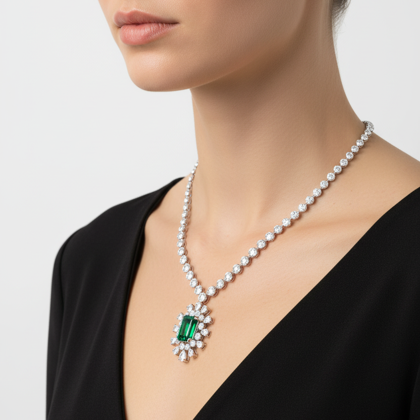 Female model wearing emerald and diamond sunburst necklace