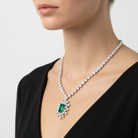 Female model wearing emerald and diamond sunburst necklace