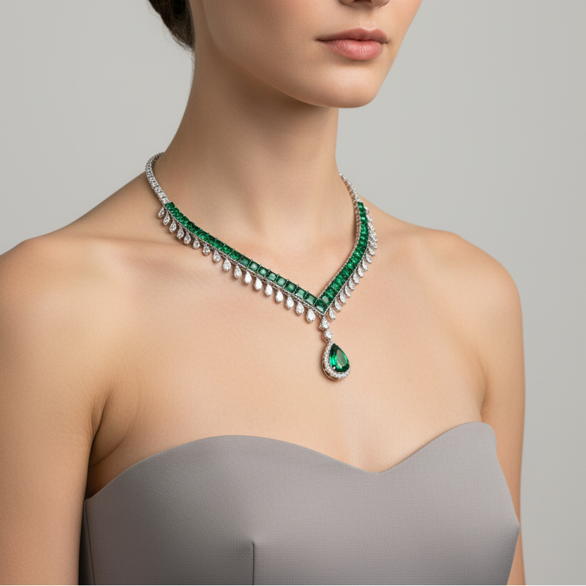 Female model wearing emerald and diamond V-necklace