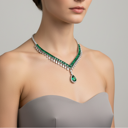 Female model wearing emerald and diamond V-necklace
