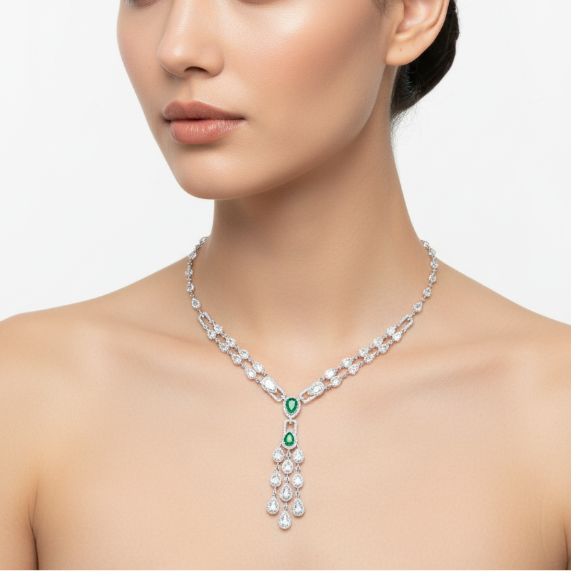 Female model wearing emerald and diamond Y-necklace