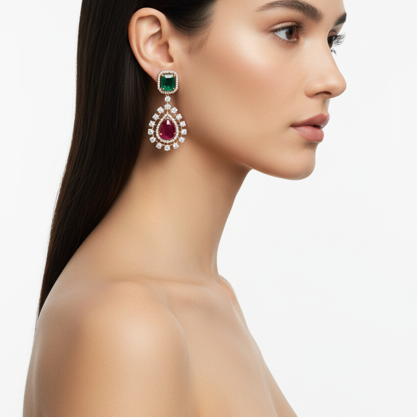 Female model wearing emerald and ruby earrings