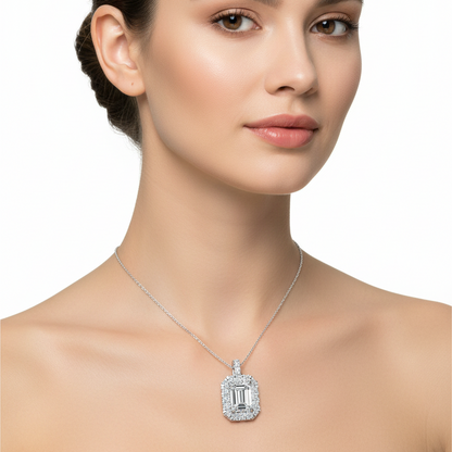 Female model wearing emerald-cut diamond halo pendant