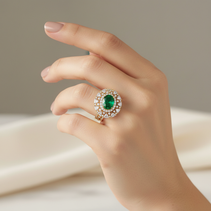 Female model wearing emerald diamond ring