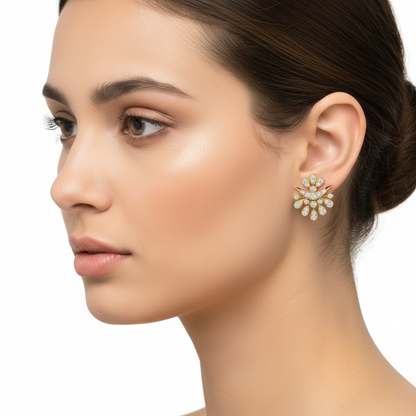 Female Model Wearing Floral Diamond Earrings Small Size