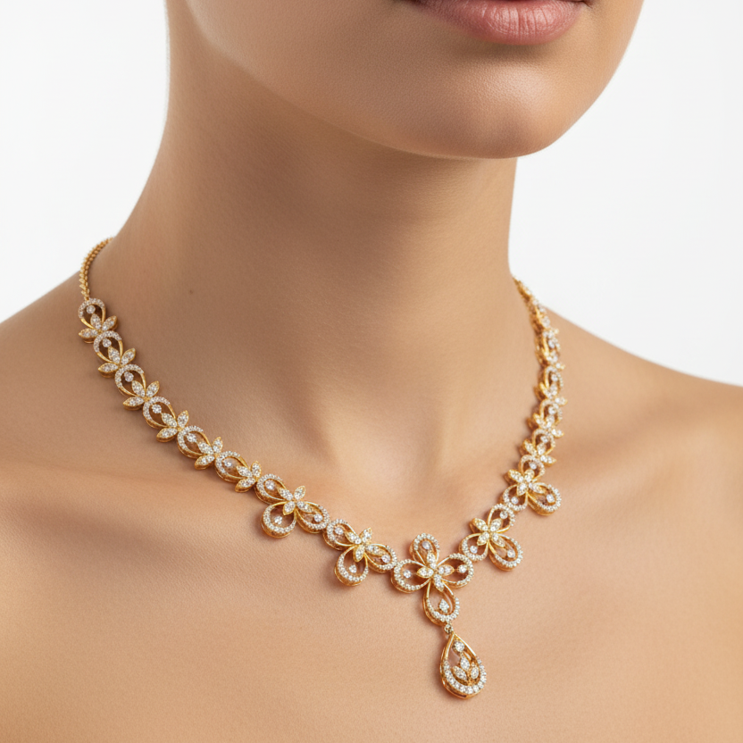 Female model wearing floral diamond necklace