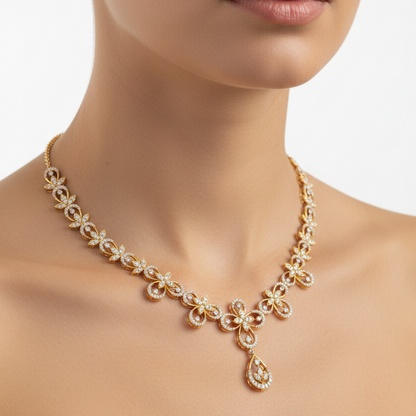 Female model wearing floral diamond necklace