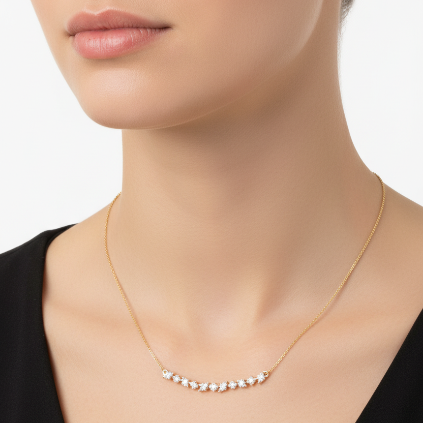 Female model wearing floral diamond necklace
