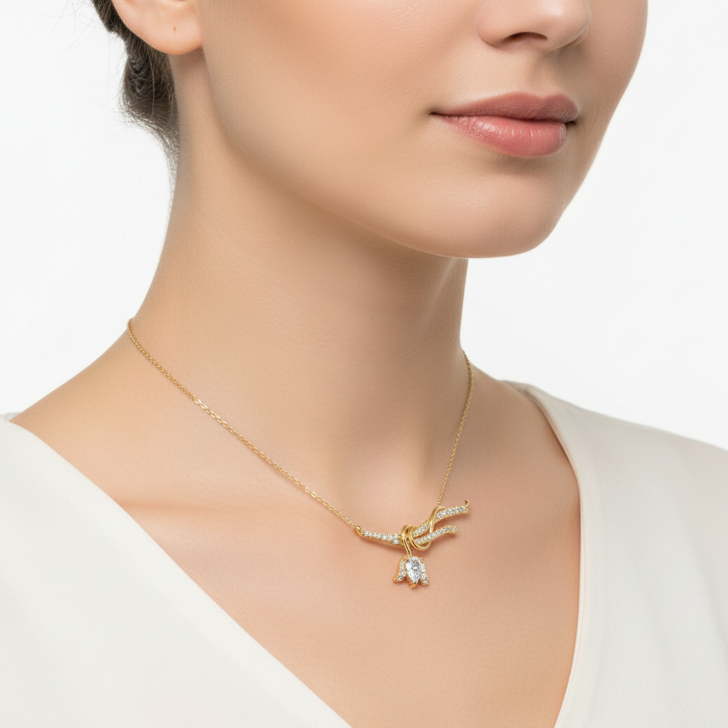 Female Model Wearing Floral Diamond Pendant Small Size