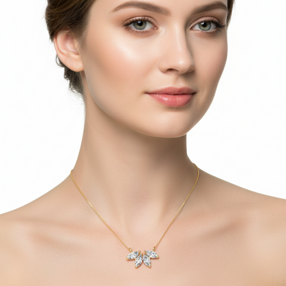 Female model wearing floral diamond pendant