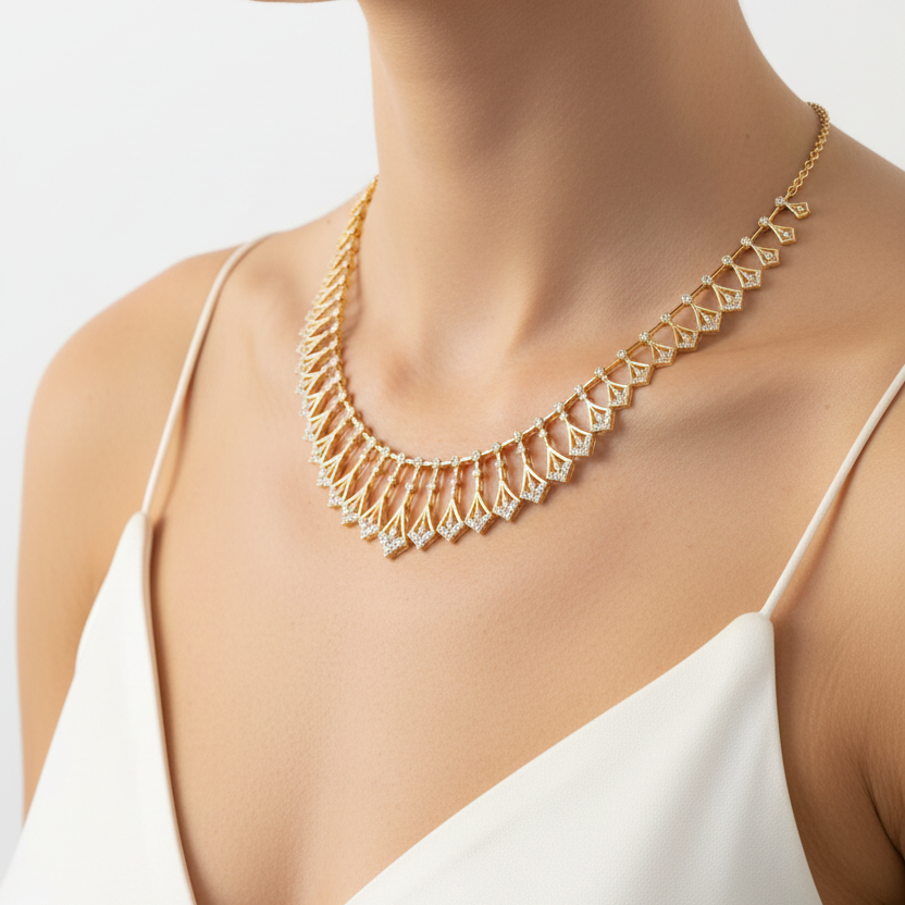 Female model wearing geometric diamond necklace