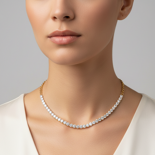 Female model wearing graduated diamond necklace