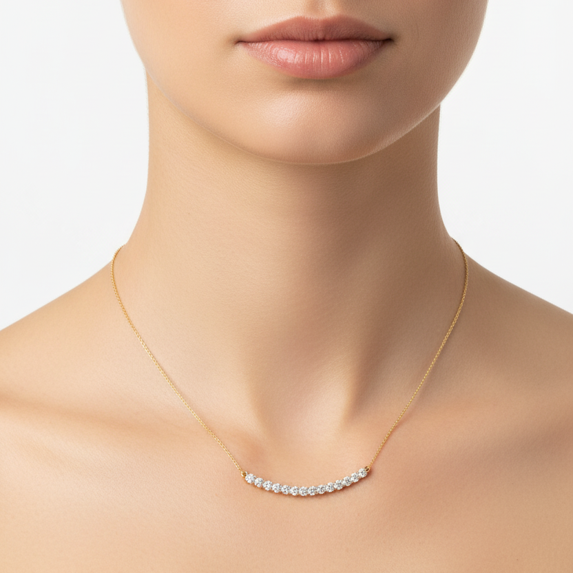 Female model wearing graduated diamond necklace