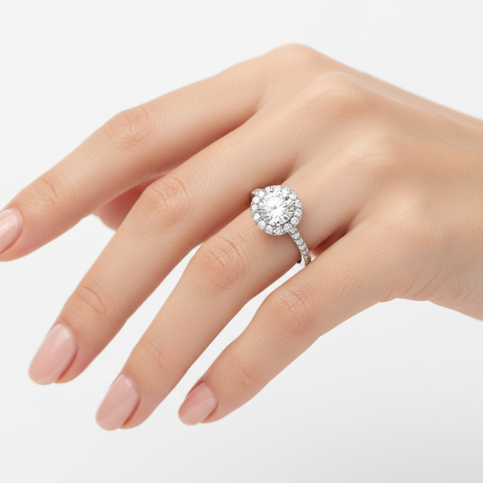 Female Model Wearing Halo Diamond Ring Small Size