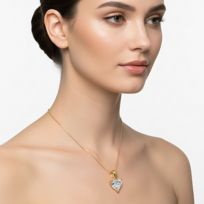 Female model wearing heart-shaped diamond pendant