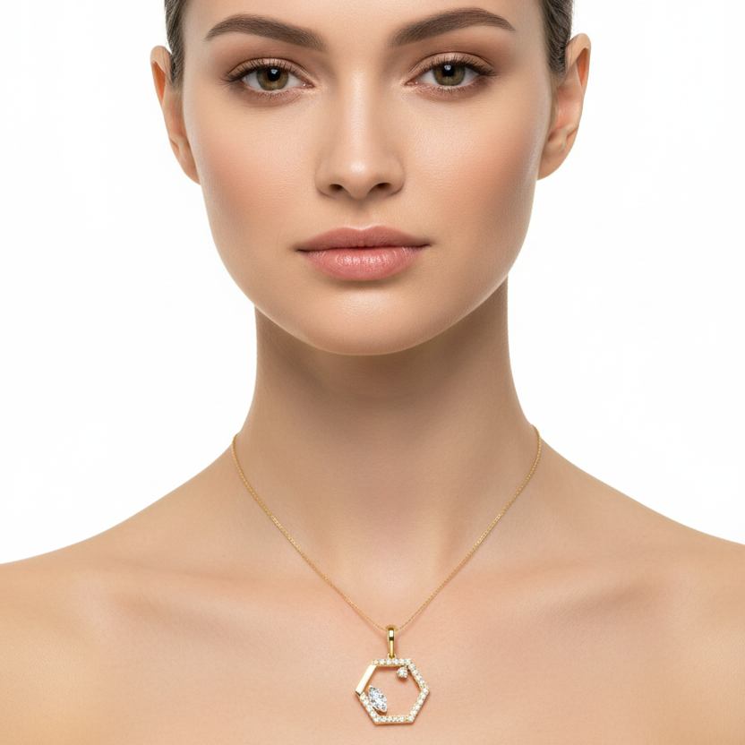 Female model wearing hexagonal diamond pendant