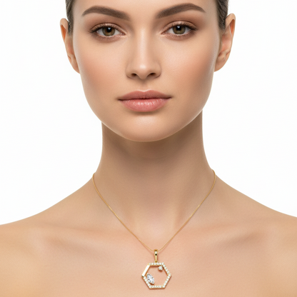 Female model wearing hexagonal diamond pendant
