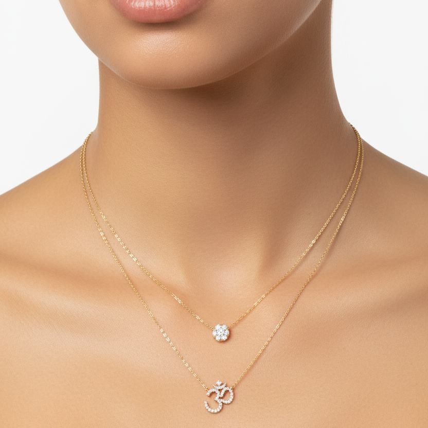 Female model wearing layered diamond necklace