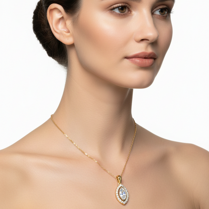Female model wearing marquise diamond halo pendant