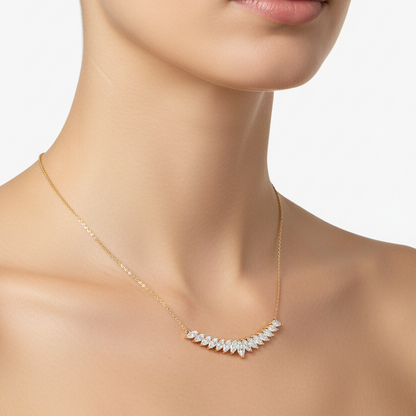 Female model wearing marquise diamond necklace