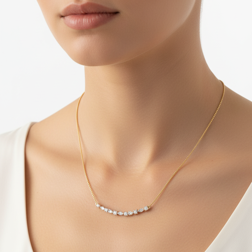 Female model wearing mixed-cut diamond necklace