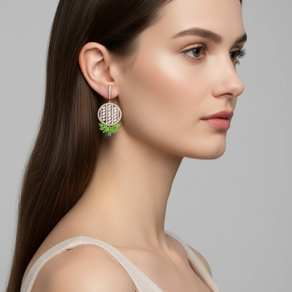 Female model wearing multi-gemstone statement earrings