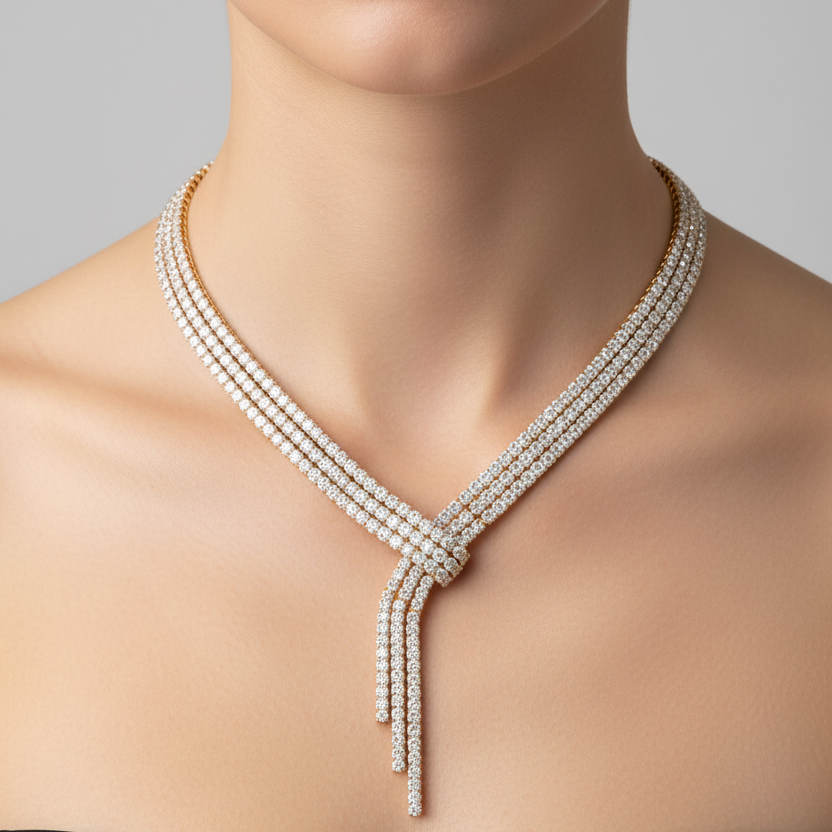 Female model wearing multi-strand diamond necklace