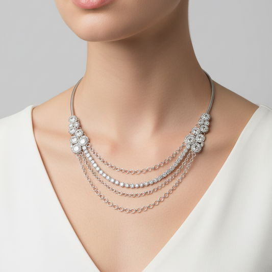 Female model wearing multi-strand diamond necklace