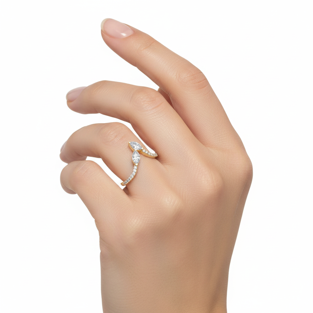 Female Model Wearing Open-Design Two-Stone Marquise Diamond Ring Small Size