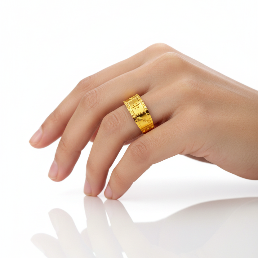 Female model wearing ornate gold ring