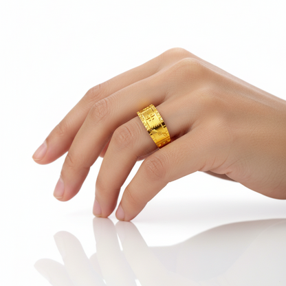Female model wearing ornate gold ring