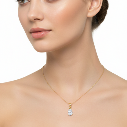 Female model wearing pear-shaped diamond pendant