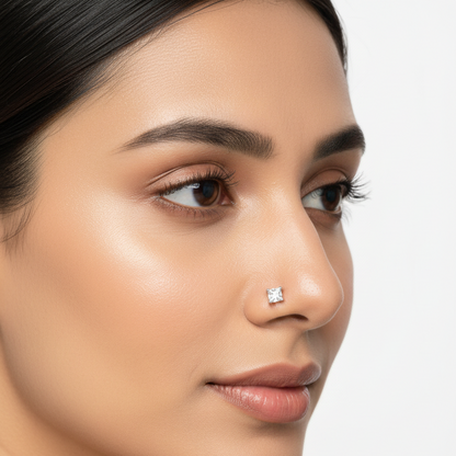 Female model wearing princess-cut diamond nose pin