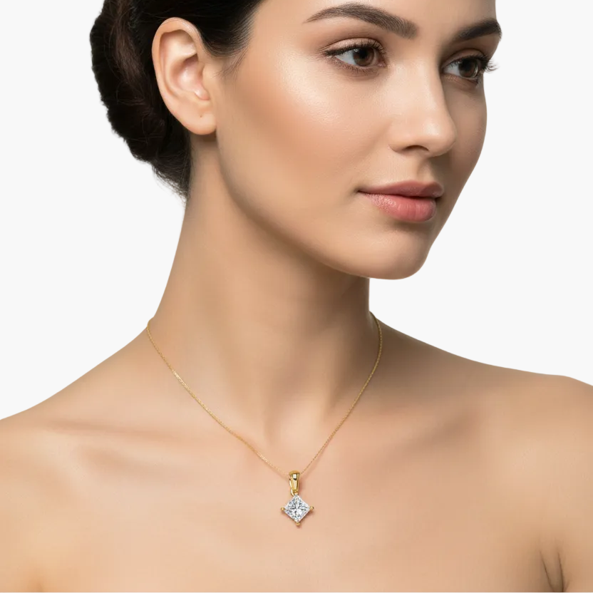 Female model wearing princess-cut diamond pendant