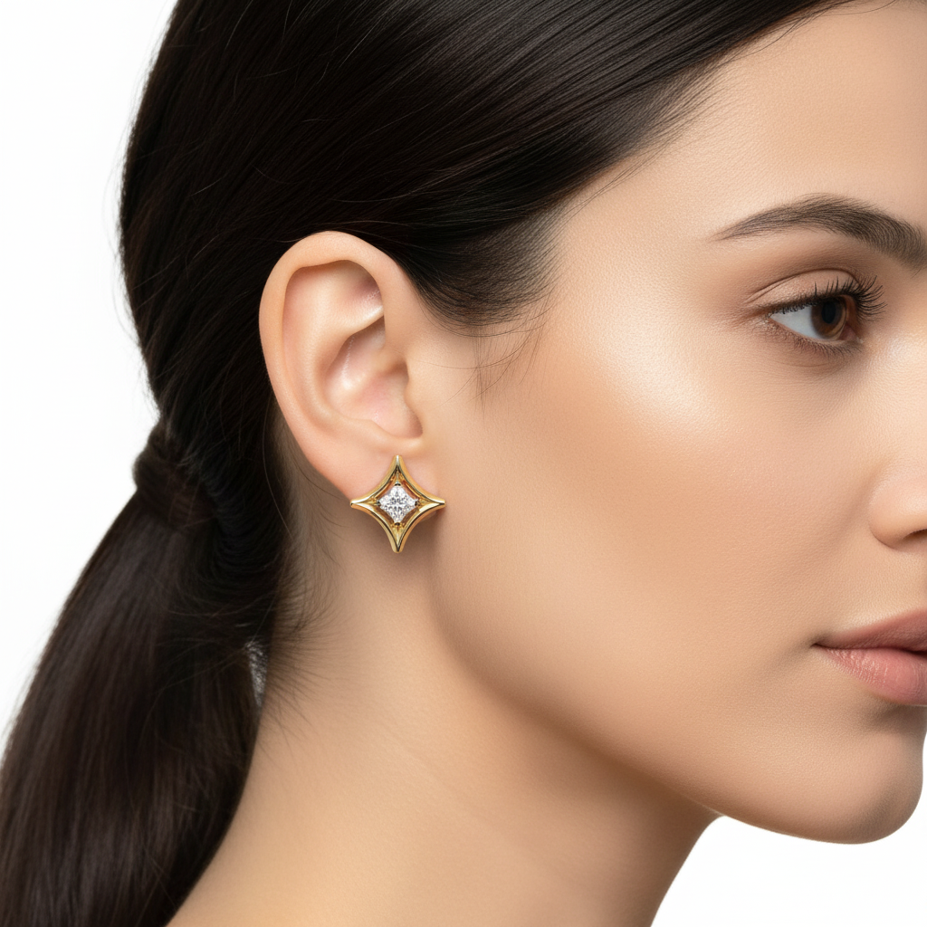 Female Model Wearing Princess-Cut Diamond Star-Shaped Stud Earrings Small Size