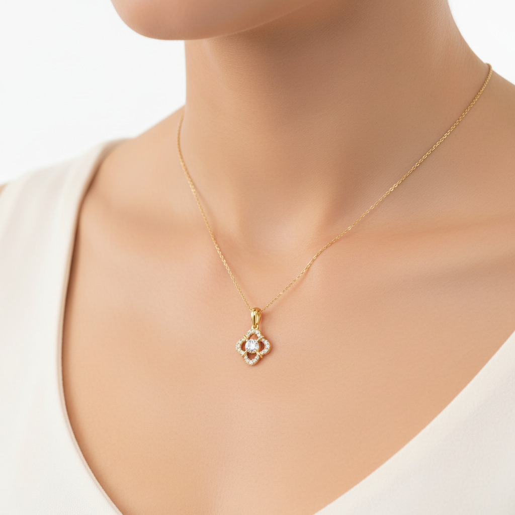 Female Model Wearing Quatrefoil Diamond Pendant Small Size