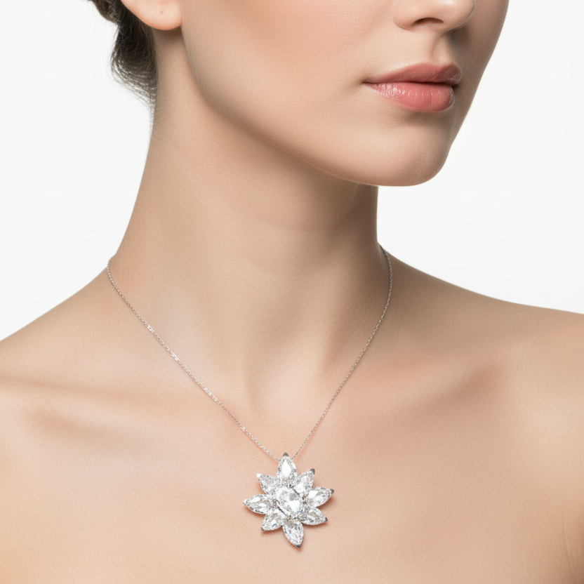 Female model wearing rose-cut diamond floral pendant
