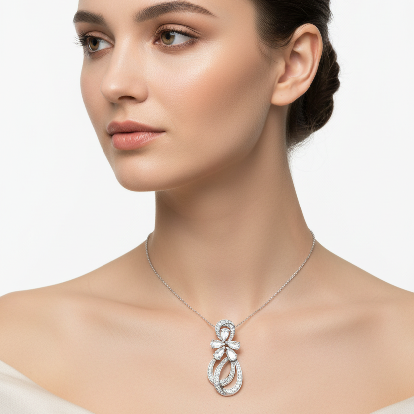 Female model wearing rose-cut diamond pendant