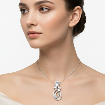 Female model wearing rose-cut diamond pendant