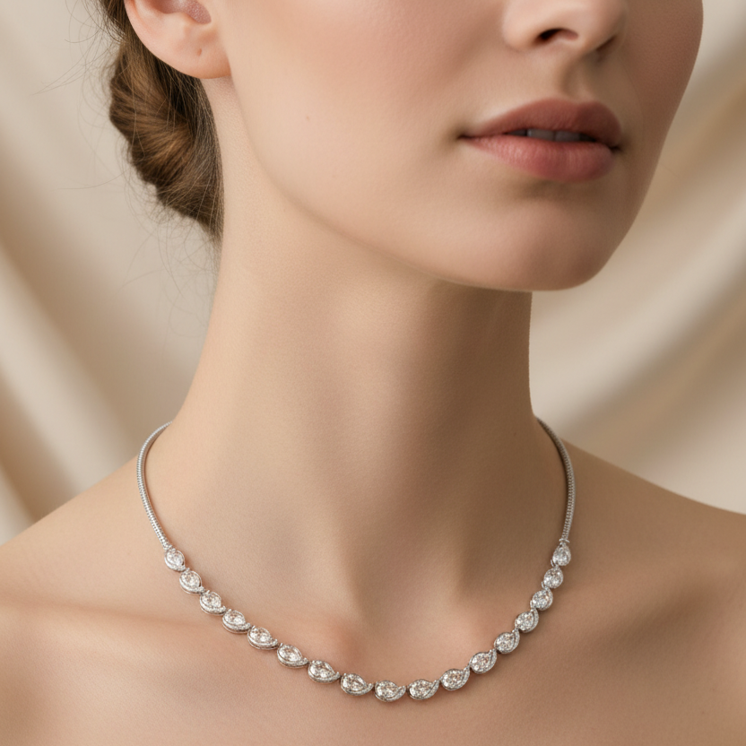 Female model wearing rose-cut pear diamond collar necklace