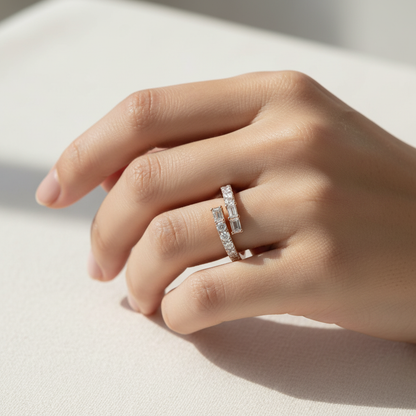 Female model wearing rose gold bypass diamond ring