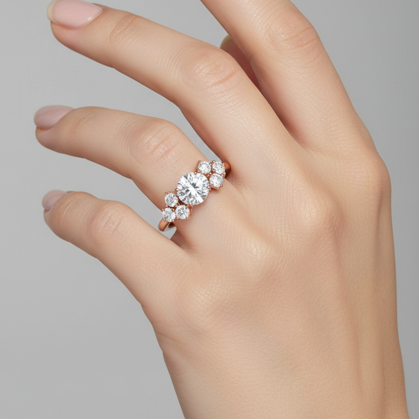 Female model wearing rose gold east-west oval diamond cluster engagement ring