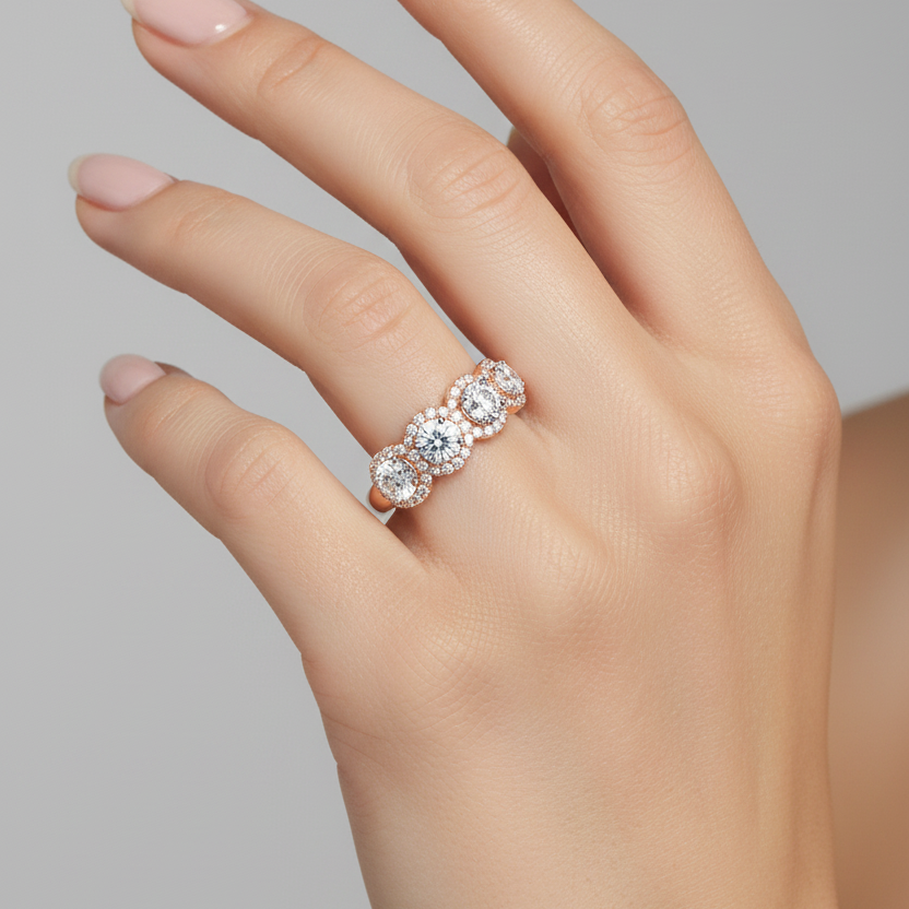 Female model wearing rose gold five-stone round brilliant diamond milgrain halo band ring showing all five halos across the finger