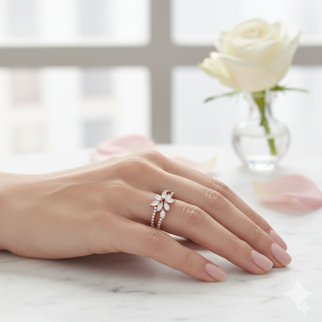 Female model wearing rose gold floral diamond ring