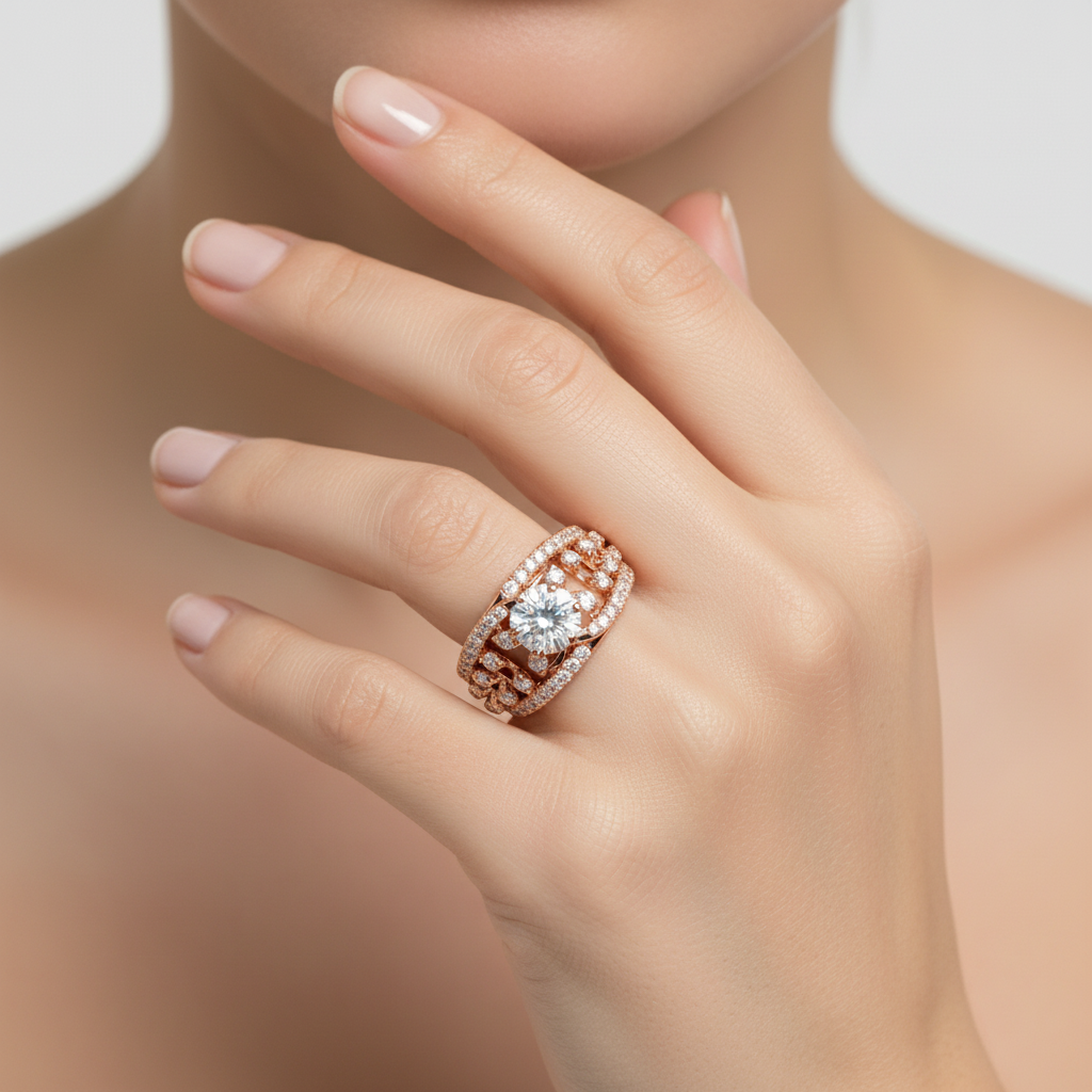 Female model wearing rose gold floral wide band diamond ring