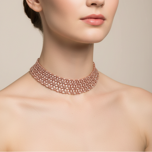 Female model wearing rose gold geometric choker necklace