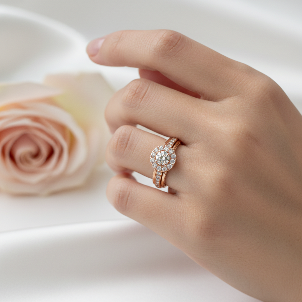 Female model wearing rose gold halo diamond ring