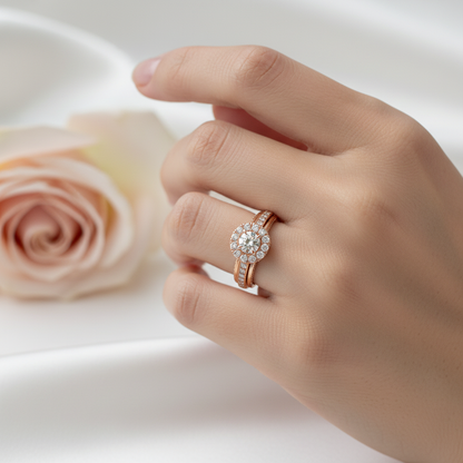Female model wearing rose gold halo diamond ring