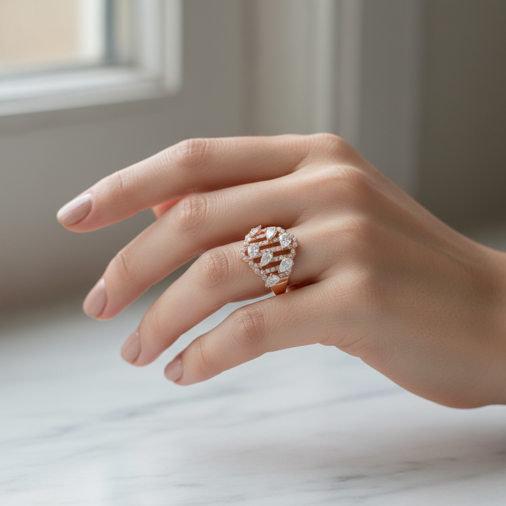 Female model wearing rose gold pear diamond lattice ring
